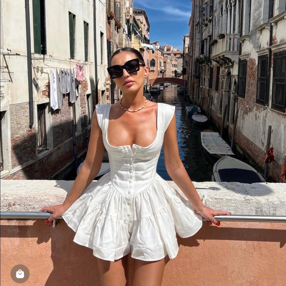 Vanessa Mooney White Rayon/ Ivory Elisabeth linen Dress/ Romper